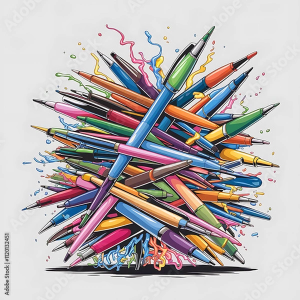 Fototapeta group of brightly colored pens tangled inchaotic heap creatingvibrant ink storm isolated on white background cutout png design asset funny conceptVector Art