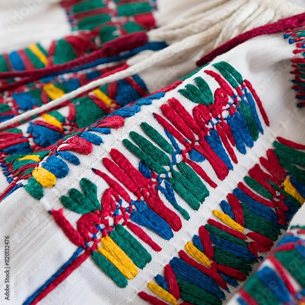 Fototapeta Closeup of intricate embroidery ontraditional garment vibrant threads isolated on white background cutout png design asset funny conceptImpressionism