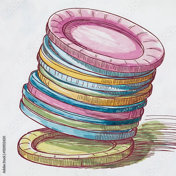 Fototapeta stack of colorful paper plates about to topple overplatetastic collapse isolated on white background cutout png design asset funny conceptWatercolor Pen Painting