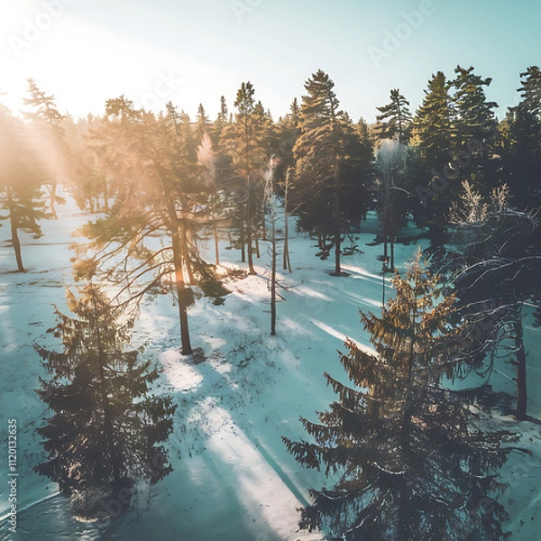 Fototapeta Golden hour drone view ofsnowy forest with sunlight filtering through trees isolated on white background cutout png design asset funny conceptWoodcut