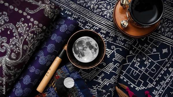 Fototapeta interior design mockup African traditional musical instruments and colorful fabrics with intricate patterns and vibrant colors conveying a sense of cultural richness and artistic heritage Moonlit Nig