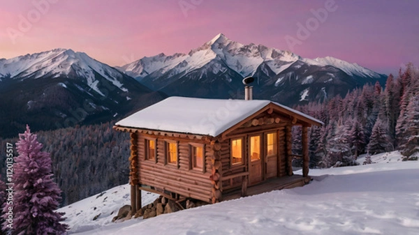 Obraz A cozy wooden chalet nestled amidst snow-capped alpine mountains