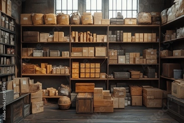 Fototapeta A storage room filled with various wooden and cardboard boxes on shelves and the floor.