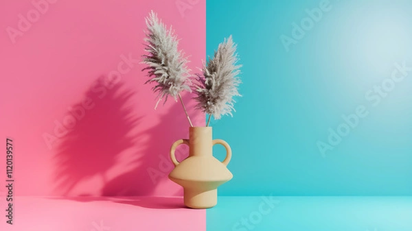 Fototapeta interior design mockup Still life photography of a ceramic vase and pampas grass on a solid background in neutral colors with a minimalist style Retro Miami Hot pink aqua sunshine yellow white Concep