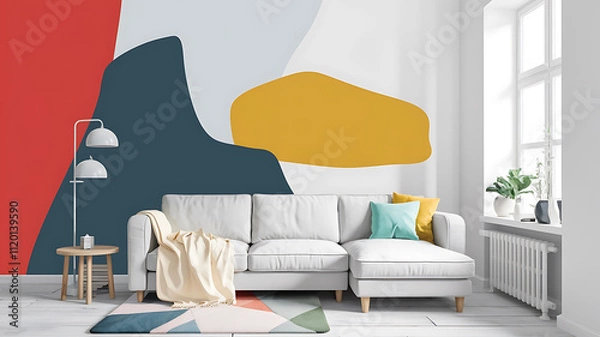 Fototapeta interior design mockup White cushions and cream color blanket on white sofa against of window Scandinavian style interior design of modern living room soft pastel colors Created with generative AI Bo