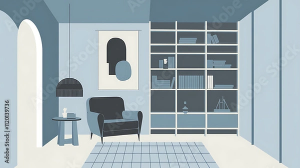 Fototapeta interior design mockup Minimalist japandi style interior design of modern living room Cozy reading corner with gray armchair abstract wall art and builtin bookshelf Urban Gray Charcoal silver slate b