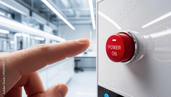 Fototapeta Hand pressing red button. A close-up of a finger pressing a red power button in a modern laboratory setting with bright, ambient lighting.