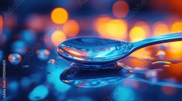 Fototapeta A close-up of a spoon with water droplets, illuminated by colorful lights.