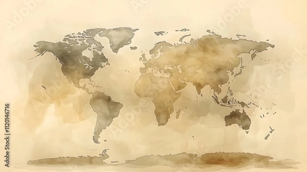 Fototapeta Watercolor world map on aged paper background.