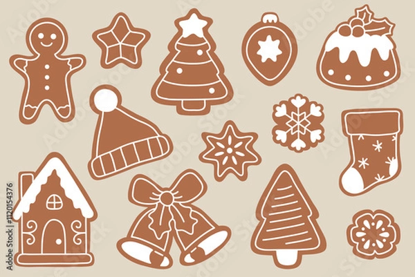 Fototapeta Vector illustration set with cartoon winter gingerbread cookies icons for digital stamp,greeting card,sticker,icon,design 