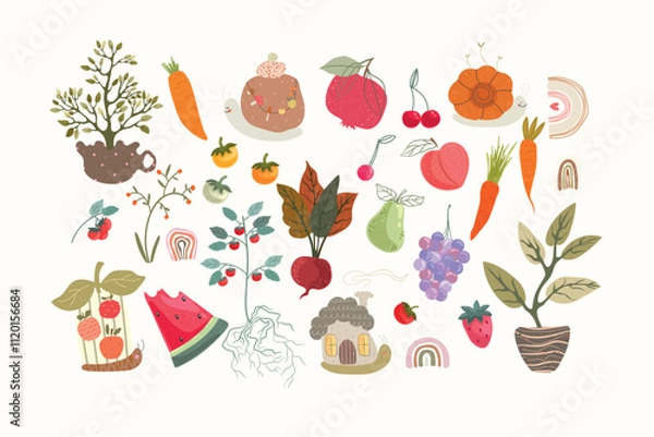 Fototapeta Big set with snails, fruits, vegetables, plants and rainbows. Hand drawn illustration on light background.
