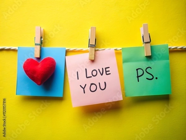 Obraz Brightly colored sticky notes hang on a string against a vibrant yellow background, featuring a red heart and a loving message that adds warmth and positivity to the space
