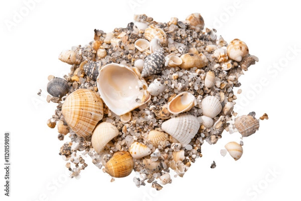 Fototapeta Sand and sea shells beach theme background isolated on a white background