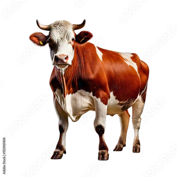 Fototapeta Beautiful brown and white dairy cow standing in a farm setting under bright sunlight during the day