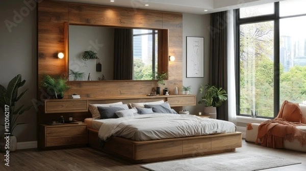 Fototapeta Modern bedroom with large window, wooden wall, and built-in bed.