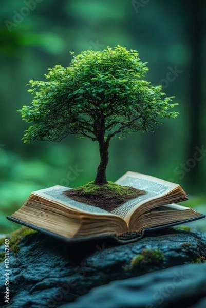 Fototapeta Tree Growing from Open Book Symbolizing Knowledge and Nature
