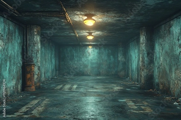 Fototapeta A dimly lit, abandoned parking garage with peeling walls and scattered debris.