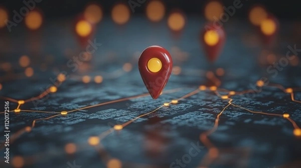Fototapeta 3D Map with Location Pins and Network Lines in GIS Visualization