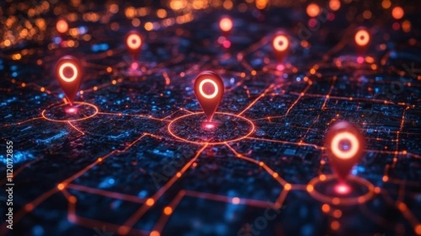 Obraz Digital Map Interface with Location Pins and Network Lines Visualization