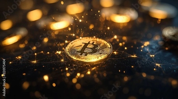Fototapeta Glowing Bitcoin cryptocurrency coin on network.