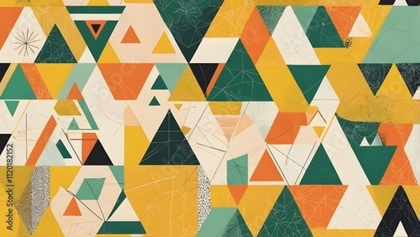 Fototapeta Colorful geometric abstract pattern with triangles and shapes in warm yellow and green tones