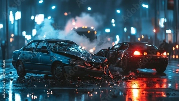 Obraz A realistic depiction of a street accident involving two crashed cars. The scene captures the significant damage and aftermath of the collision on a busy street.

