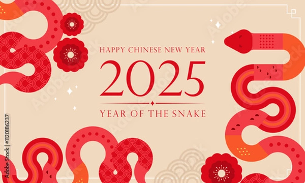 Fototapeta Happy Lunar New Year! Chinese New Year 2025: Year of the Snake Zodiac Flat Design Illustration