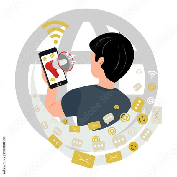 Obraz Influence marketing. Vector illustration of a man  holding a mobile phone in his hand. An advertisement is broadcast over the phone from a megaphone. Distribution of advertisements via the Internet .