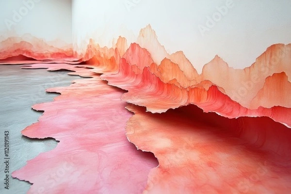 Fototapeta An abstract installation featuring layered, colorful paper resembling a mountainous landscape.