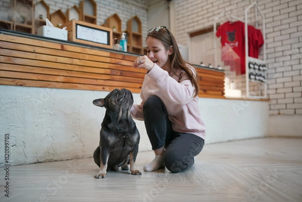 Fototapeta A joyful moment of a person and a dog in a house, symbolizing love, friendship, and happiness