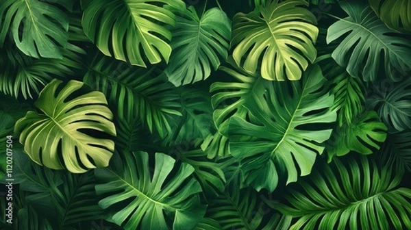 Fototapeta Lush green tropical leaves background.