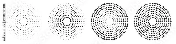 Fototapeta Abstract black concentric, hypnotic dotted line circle elements isolated on a transparent background. Halftone ring point pattern. Radio waves, sound pulsation circles. Vector illustration