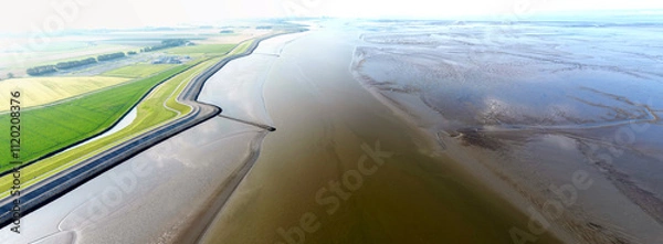 Fototapeta Aerial view of a tidal channel and mudflats near Termunterzijl, Groningen, The Netherlands