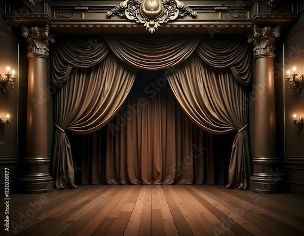 Fototapeta Big Theatre, curtain, stage, theater, velvet, show, entertainment, red, cinema, light, curtains, theatre, drapes, performance, spotlight, interior, floor, movie, fabric, backdrop, act, 3d, decoration,