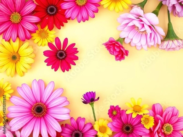 Fototapeta Pink background with vibrant colorful flowers in various shades of red, pink, purple, and yellow, creating a cheerful and feminine backdrop, flowers, vibrant