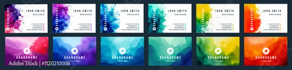 Obraz Big set of bright colorful business card template with vector watercolor head silhouette on white background