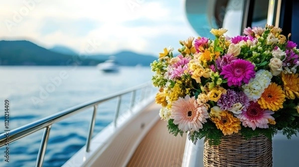 Obraz Bouquet of colorful flowers on boat with scenic water view