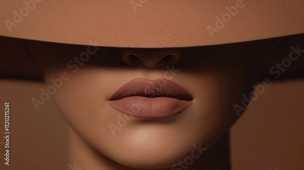 Fototapeta closeup of a woman wearing a stylish mocha mousse hat covering her eyes, focusing on her matte lipstick in a matching shade, color of the year 2025