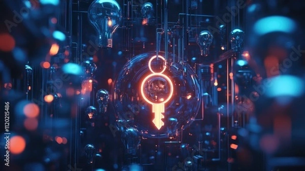 Fototapeta A digital key unlocking a vault filled with glowing ideas and innovation icons