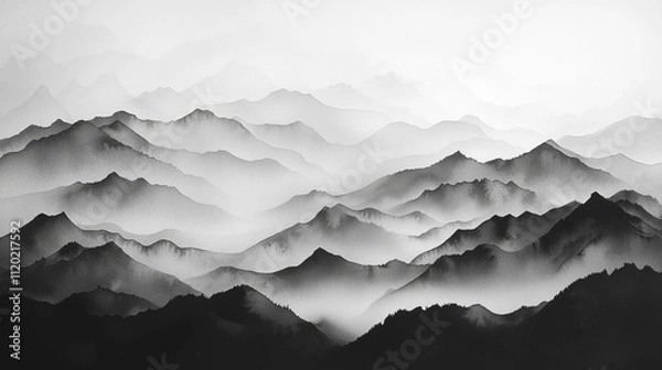 Obraz Monochromatic Ink Wash Mountain Scene with Serene Misty Depths