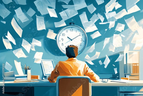 Fototapeta An employee overwhelmed by papers flying around, illustrating the impact of poor time management and work stress