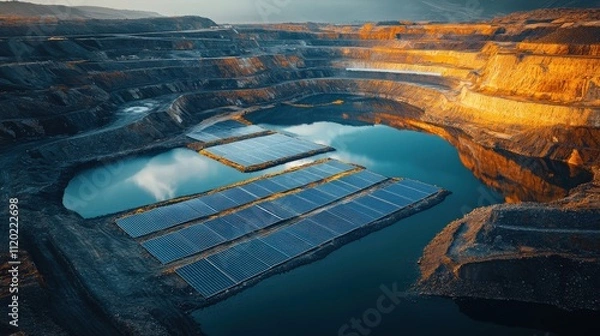 Obraz A stunning aerial view of a vast quarry, featuring blue water and solar panels arranged on the rugged terrain, illuminated by warm sunlight.