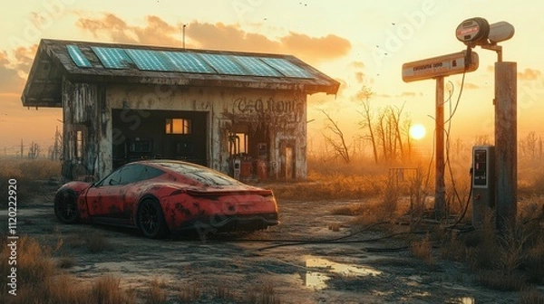 Obraz A rustic scene featuring a vintage red car parked near a dilapidated garage, with a sunset backdrop illuminating the overgrown landscape.