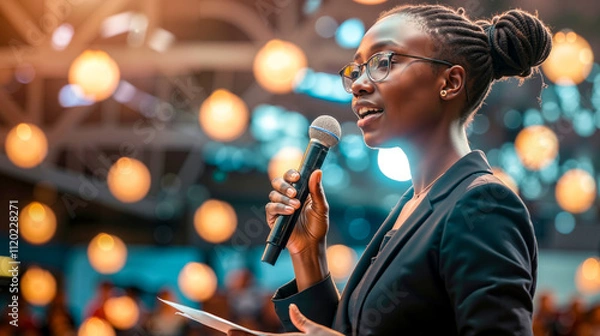 Fototapeta A woman speaking into a microphone in front of a crowd