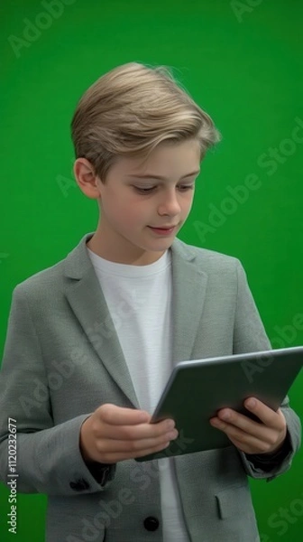 Obraz A blockchain enthusiast teen explaining cryptocurrency concepts on a tablet, background is greenscreen