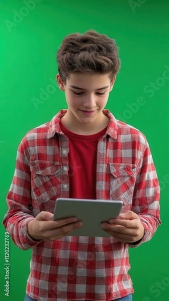 Obraz A blockchain enthusiast teen explaining cryptocurrency concepts on a tablet, background is greenscreen