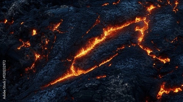 Fototapeta A close-up view of glowing lava flows on a volcanic surface, showcasing the intense heat and motion.