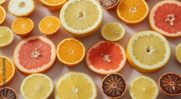 Fototapeta Citrus medley: vibrant array of sliced oranges, lemons, grapefruits