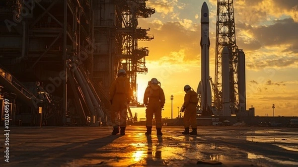 Obraz Workers at Launch Pad Preparing for Rocket Maintenance at Sunset