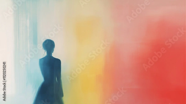 Fototapeta Renaissance lady stands gracefully against a colorful backdrop in an ethereal setting